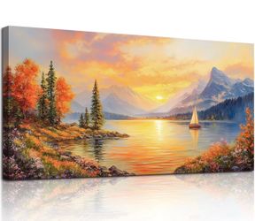 Lake Sunset Canvas Extra Large Artwork, Mountain Forest Boat Nature Art 30x60