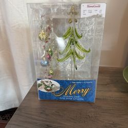 Merry Holiday Christmas Tree And 9 Wine Charms Ornament Set Handmade Art Glass