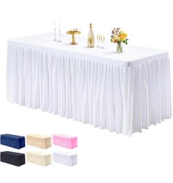PARTISKY 1 Pack White Tablecloths For Rectangle Tables 8ft, Wrinkle Resistant White Table Cover Fitted Stretch Table Cloth With Pleated Ruffle Skirts 