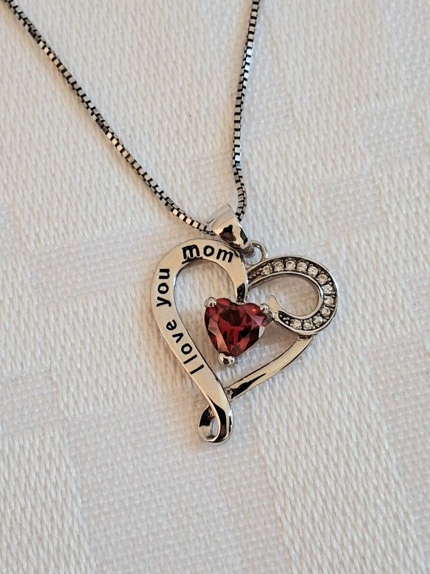 Mother's Gift "I Love You Mom" S925 Sterling Silver Heart Pendant Necklace 18"