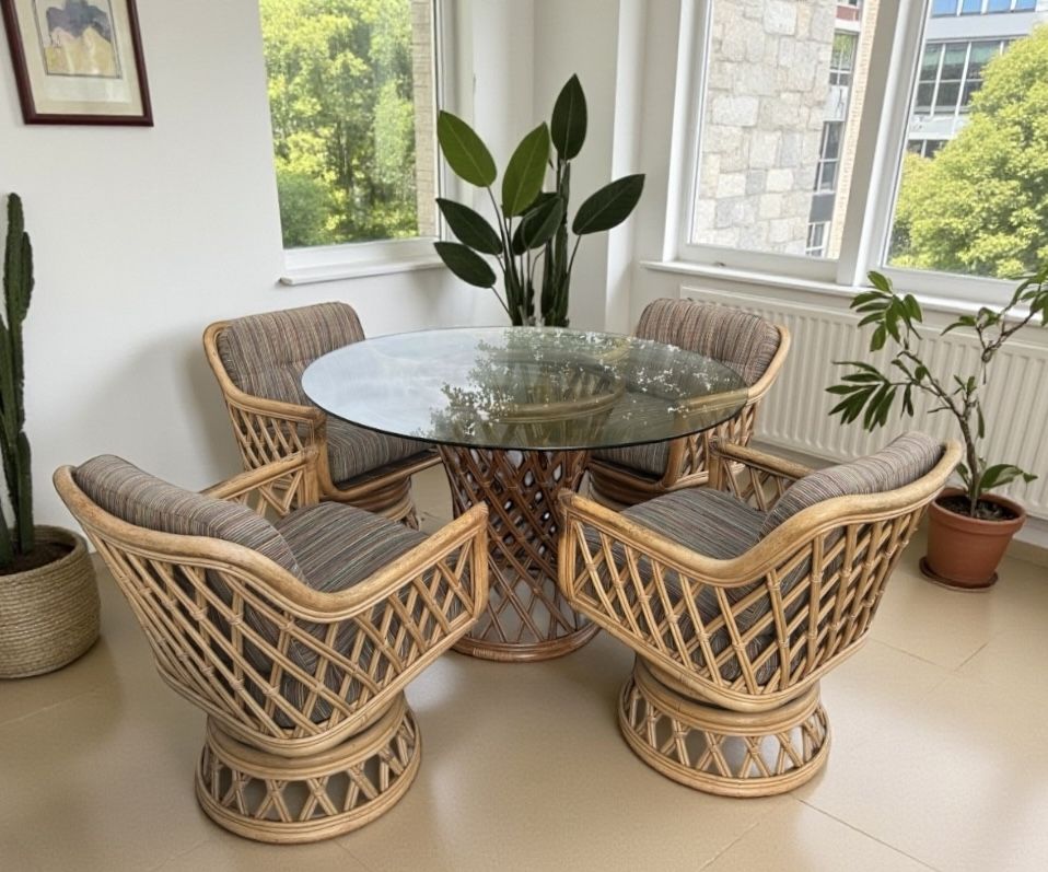 Vintage Rattan Dining set with Swivel Chairs and Seat Cushions