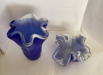 Cobalt Blue Ruffled Blown Murano Sculpted Glass Vase & Ashtray