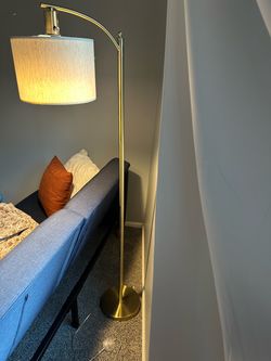 Brass Arc Floor Lamp with Linen Shade