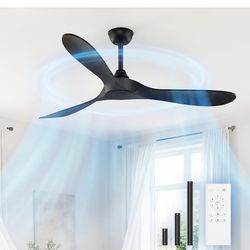 Black Ceiling Fan No Light, 52" Outdoor Fans for Patios/Porch/Bedroom/Kitchen with Remote, Noiseless, 3 Downrods, 6 Speed, Reversible DC Motor, Modern