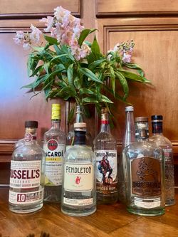 9 FREE EMPTY GLASS BOTTLES TO REPURPOSE VASE WATER BOTTLE ETC ALL HAVE CAPS LIDS