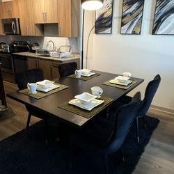 Black Dining Table Set + Rug + Dishes + Placemats + FREE Lamp — $1,500