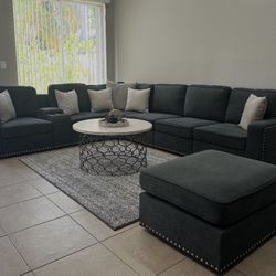 Modern Gray Sectional Sofa Set + Coffee Table