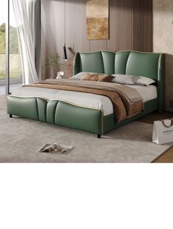 Brand New Queen Upholstered Bed Frame – Dark Green Leather, Gold Trim