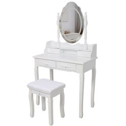 White Princess Vanity Desk Set with Mirror & Cushioned Stool,Light Modes,4-Drawer Wooden Makeup Vanity Table for Girls' Bedroom, Dressing Table with A