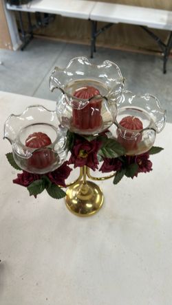 Vintage 3-Arm Brass Candelabra Centerpiece with Ruffled Glass Votive Cups & Faux Red Roses