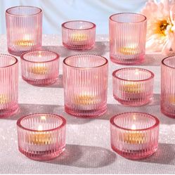 12pcs Ribbed Pink Votive & Tea Light Candle Holders, Assorted Glass Candle Holder for Table Centerpiece, Wedding, Baby Shower, Home and Party Decorati
