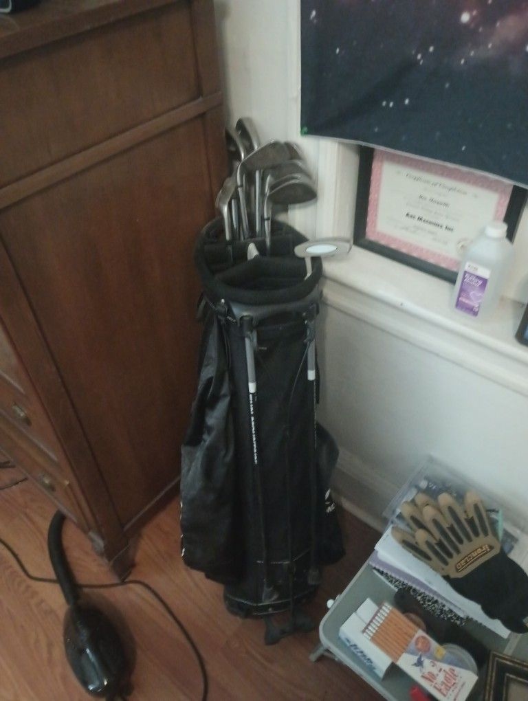 Assorted Irons, Bag, Putter, Bunch Of Brand New Balls, And Tees
