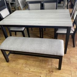 ✅️✅️6 pc bridget two tone wood dining table set padded seat chairs and bench ✅️✅️