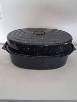 Vintage Black Enamelware Speckled Roasting Pan Large 20” X 13” With Lid
