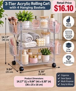 3-Tier Acrylic Rolling Cart with 4 Hanging Baskets