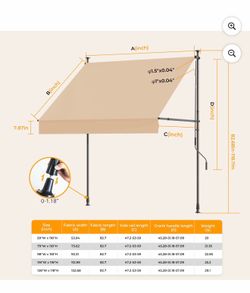 HOMEDEMO Manual Retractable Awning, Retractable Side Bar (118" W x 118" H, Adjustable 47–59"), No-Drill Awning for Backyard, Garden, Porch, or Outdoor