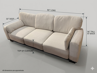 Modern 3 Seat Sofa 86” Upholstered Couch Cream Fabric - blue frame and back