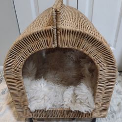 IKEA Cat rattan house on legs with Crate and Barrel Sheepskin rug