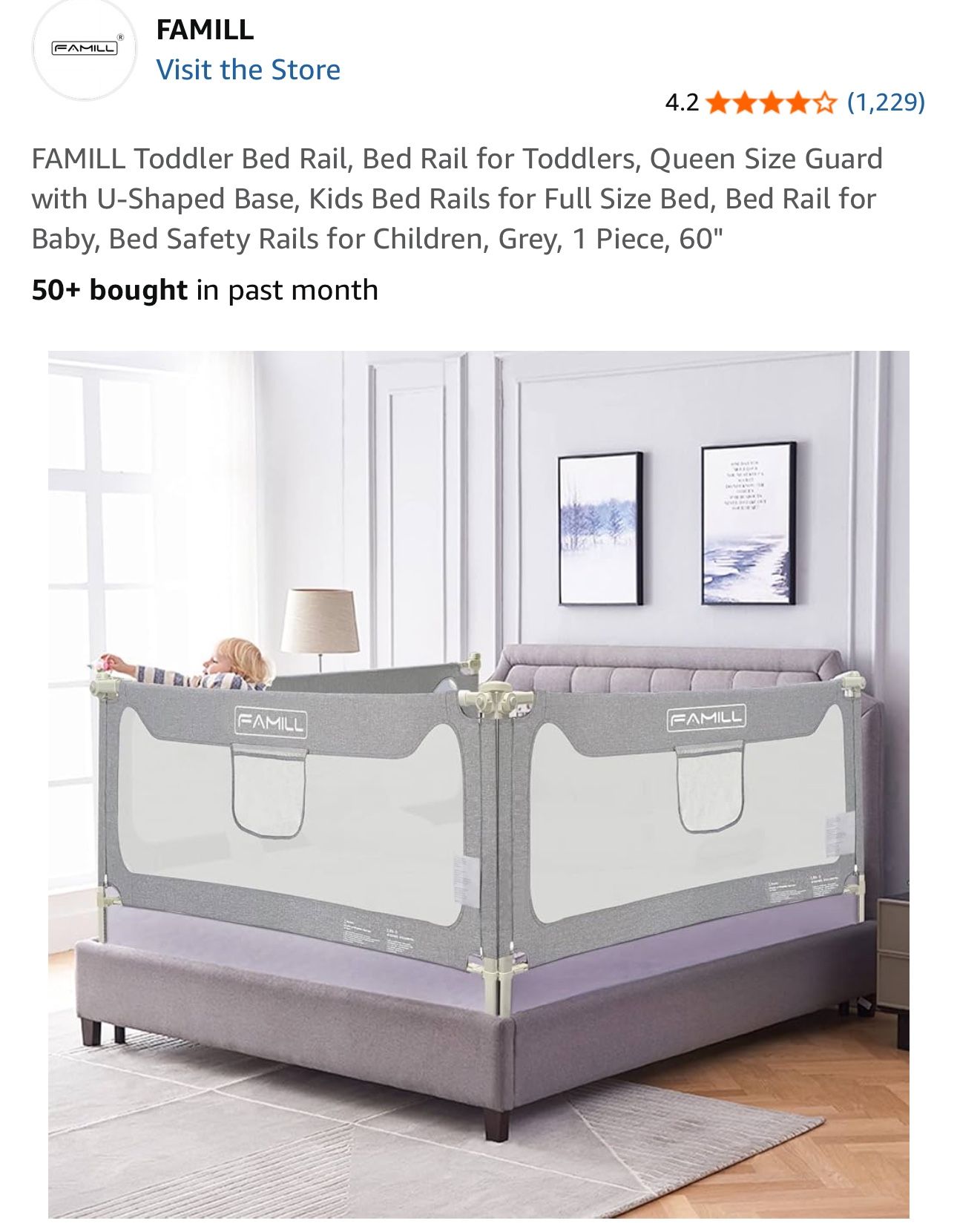 FAMILL 60” Toddler Bed Rail – One-Side Lifting Panel – New in Box