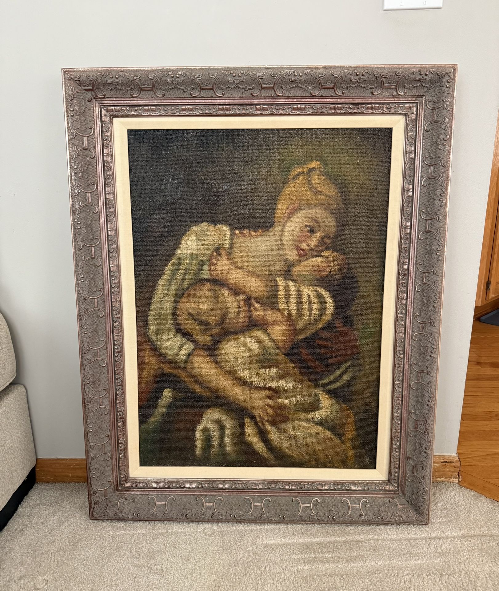 Large Framed Oil Painting of Lady and Children