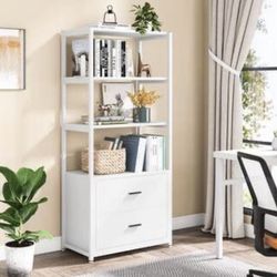Tribesigns 23.6 in. Wide White 4-Shelf Etagere Bookcase with 2-Drawers Brand New still in the box D105