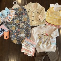 NEW Baby Girl 7pc Gift Set: Clothes, Toys, Bibs, Burp Cloths, And Swaddle ($115 Value)