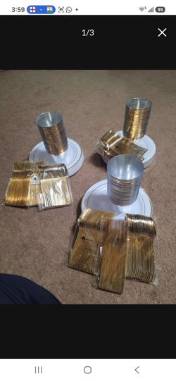 Cather Plastic Party Dinnerware Set white gold 75 dinner plates 
75 plastic glass
75 spoons 75 fork 75 spoons 375 piece