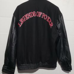 VINTAGE THE BICYCLE  CASINO VARSITY JACKET WOOL /LEATHER " LEGENDS OF POJER"MENS SIZE LARGE 