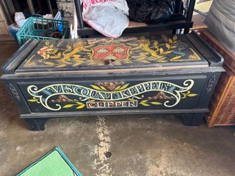 Vintage decorative maritime style painted wood blanket chest Viscount Keppel Clipper