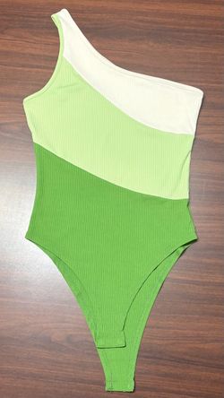 Shein Green Colorblock Ribbed One Shoulder Bodysuit Size M
