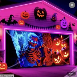 16x7 FTUV Glow-in-the-Dark Halloween Garage Door Decoration - Extra Large Zombie Skeleton & Jack-O'-Lanterns  2D Banner - Spooky Outdoor/Indoor Party 