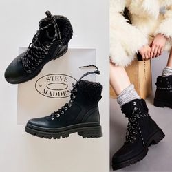 ✨New STEVE MADDEN Keystone Faux Fur Trim Lace Up Boots Black Womens Shoes Size 8.5M