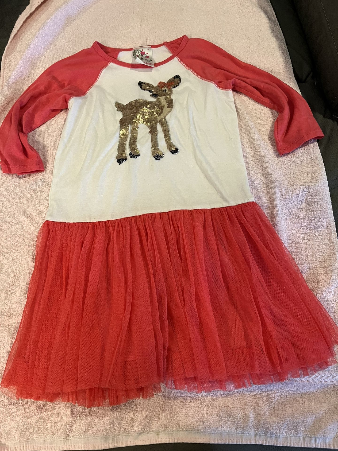 Little Girls, Red And White Reindeer Dress With Tulle Skirt And Flippy Sequins