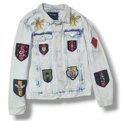 REASON TIGER DENIM JACKET SIZE S DISTRESSED PATCHES WHITE EMBROIDERED UNISEX