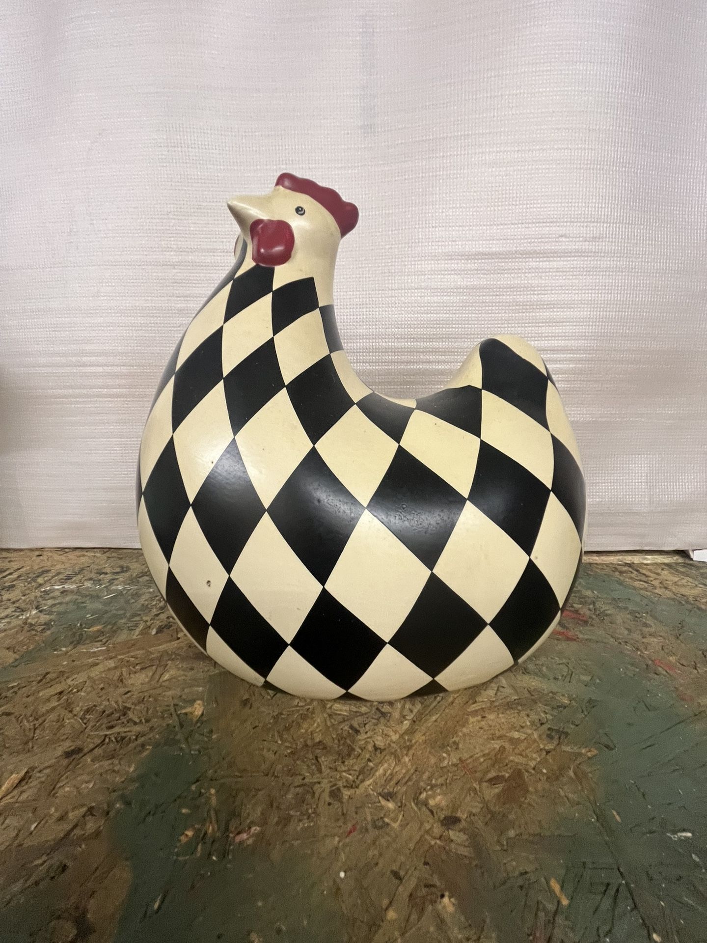 Rare Folk Art Ceramic Chicken Black  Checkered Design 11x11’’