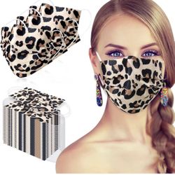 Disposable Face Mask - 50pcs Comfortable Protective Mouth Cover,Printed Cheetah Face Mask Adults, 3-Ply Breathable Safety Mask for Indoor Outdoor Home