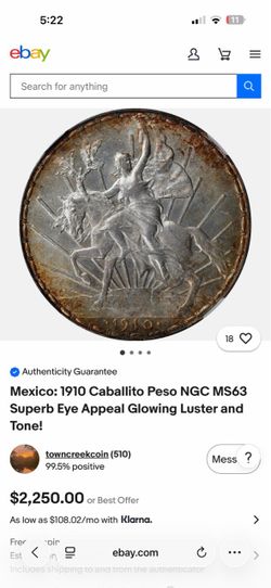 1910 Mexico Caballito Peso Silver Coin NGC MS63