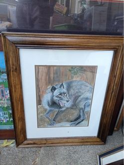 Framed Wolf Art Drawing with Wood Frame