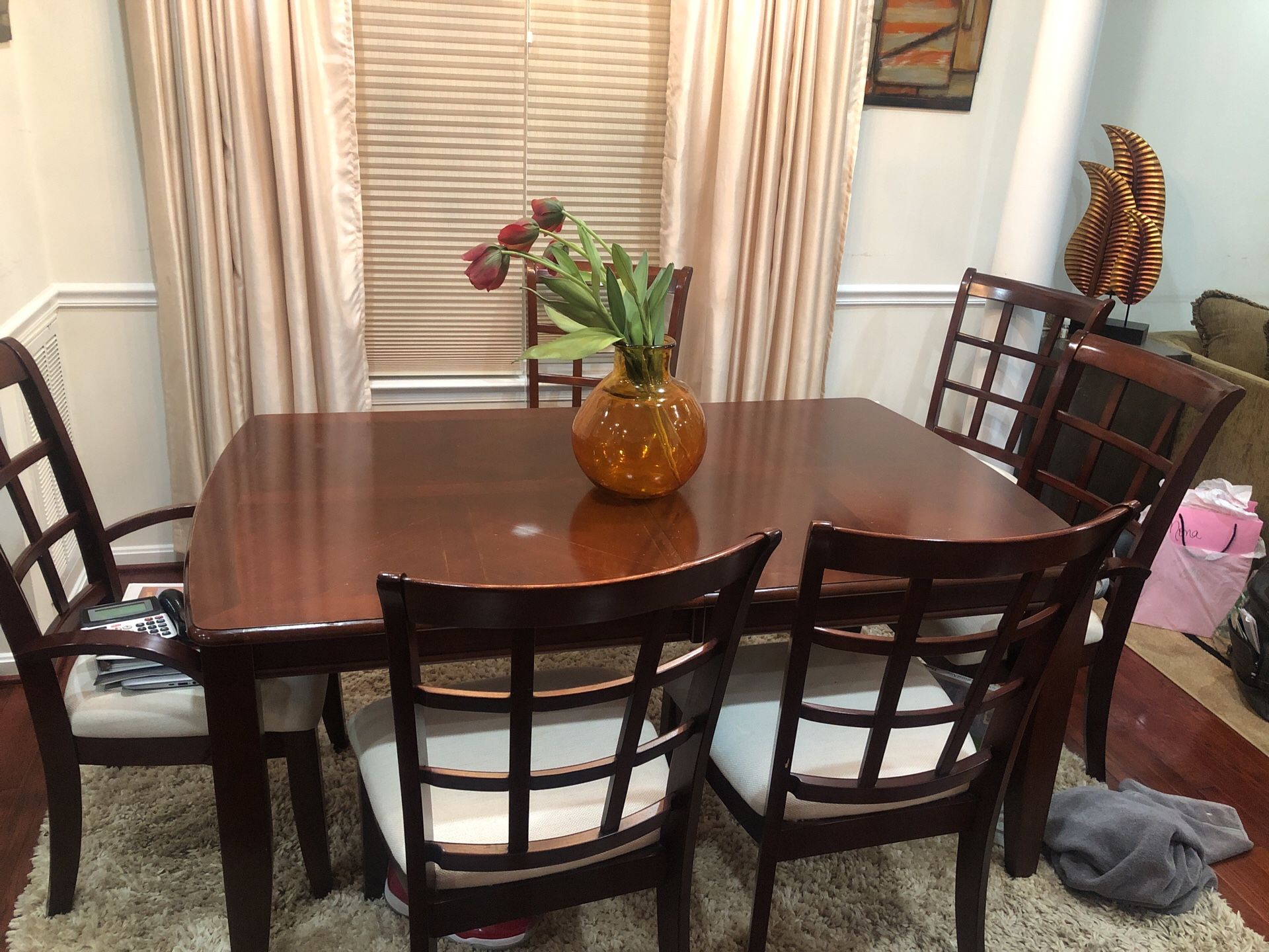 Dining room table set. 6 chairs and table w/ removable leaf.