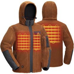 Heated Jacket Fleece, Windproof Sherpa Heating Coat,Detachable Hood,Battery Include, large
