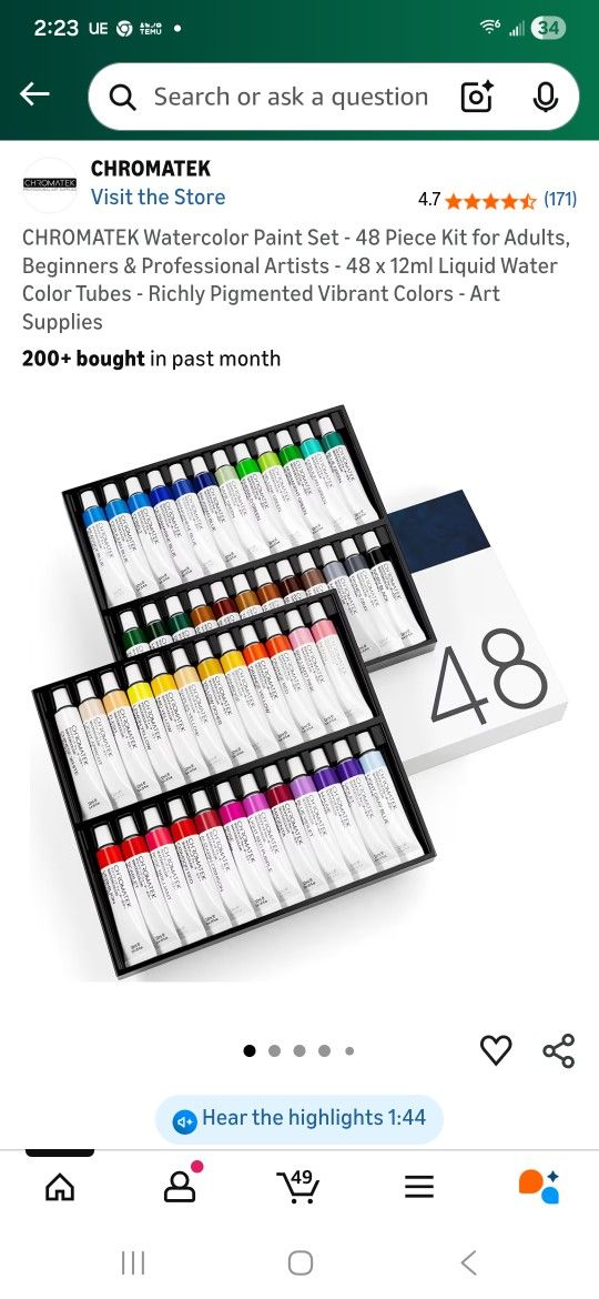 CHROMATEK Watercolor Paint Set - 48 Piece Kit for Adults, Beginners & Professional Artists - 48 x 12ml Liquid Water Color Tubes - Richly Pigmented Vib