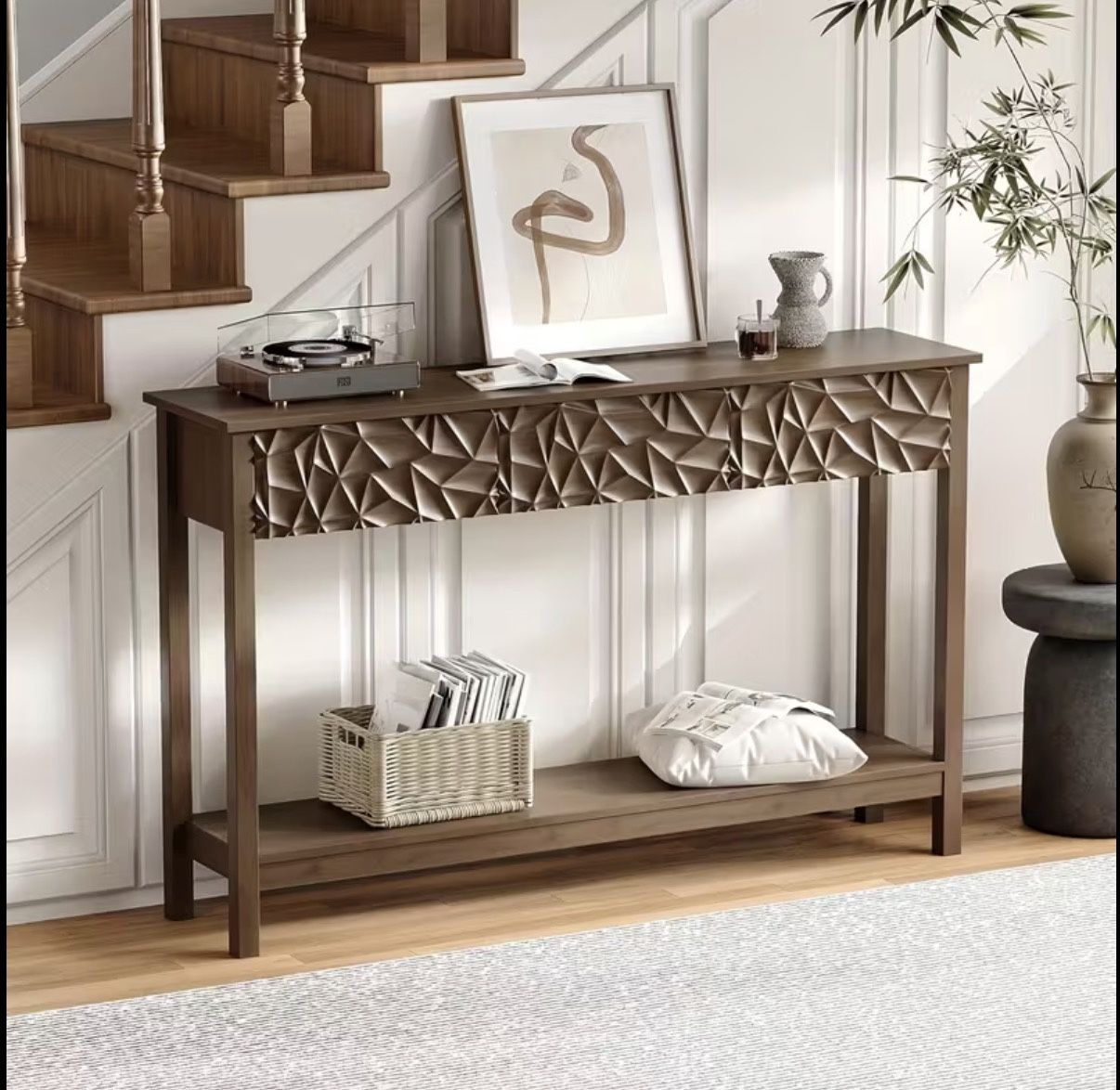 51 Inch Modern Console Table Farmhouse Entryway Table with 3 Drawers Narrow Wood Entry Way Table with Open Storage Shelf Long Sofa Table Behind Couch