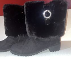 Midnight Velvet Black Sequined Buckled & Fur WMNS Boots SIZE: 10M