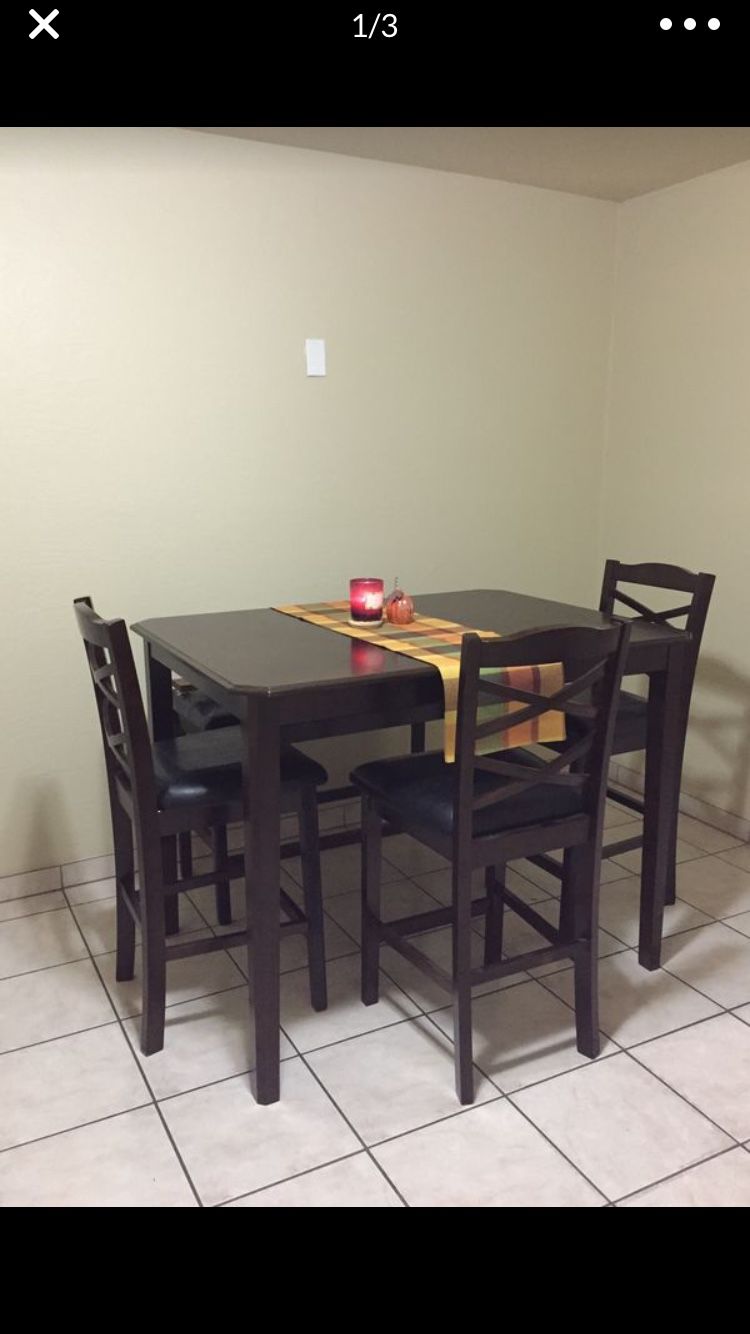 Tall dining table 3 chairs 1 long bench