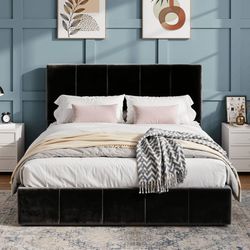 Queen Bed Frame, Dutch Velvet Upholstered Platform Bed, Vertical Channel Tufted Adjustable Headboard, Low Profile Bed Frame, No Box Spring Needed, Eas