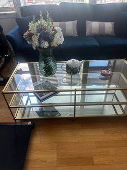 West Elm Terrace Coffee Table (48") — Antique Brass, Glass, Mirror