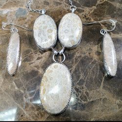 Sterling Silver 3 Large  Fossilized Coral  Pendants and Matching Earrings 