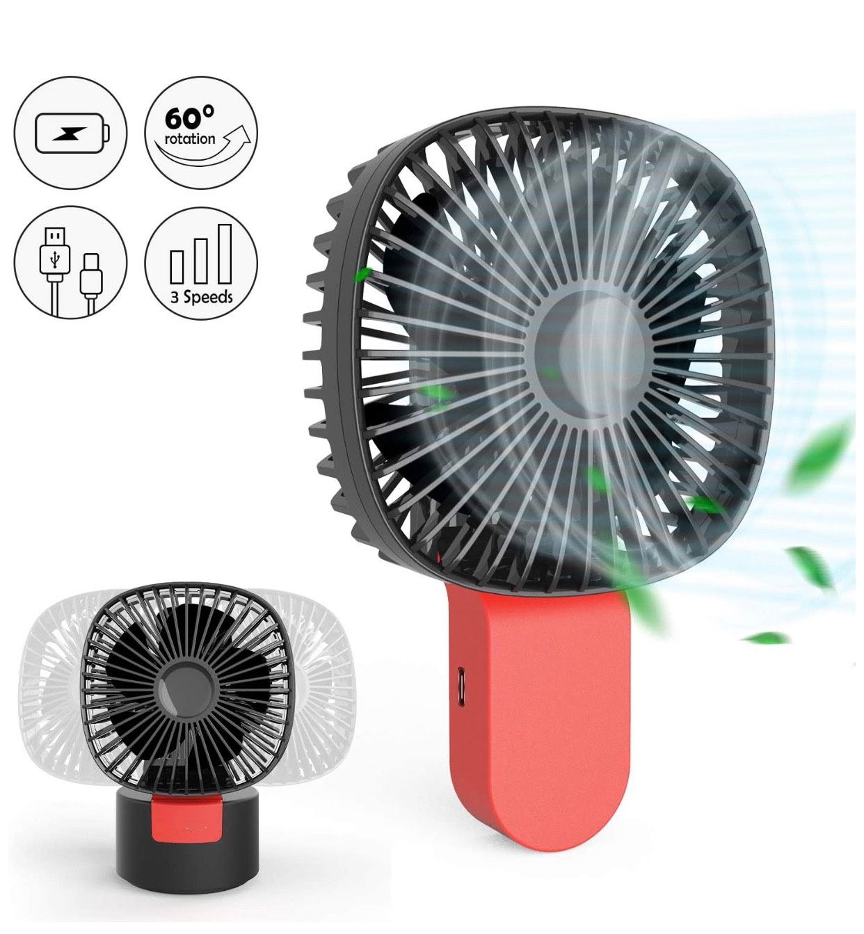 Brand New Portable Fan 2 in 1 Handheld USB Fan 60° Oscillating Mini Desk Fan 180° Foldable Personal Fan 3 Speed Rechargeable 5 Blades for Travel Outd