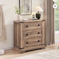 32" Farmhouse Nightstand with Charging Station with 3 Storage Drawers - Rustic Oak