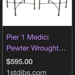 Vintage 1980s Pier 1 Medici Pewter Green Wrought Iron Dining Glass Top Table w/ 4 Side Chairs